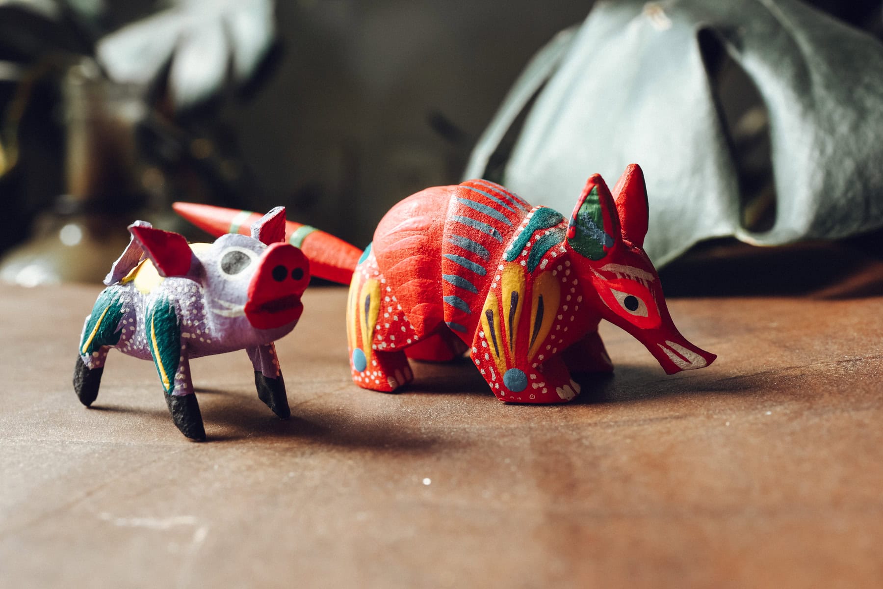 colorful, wooden painted animals.