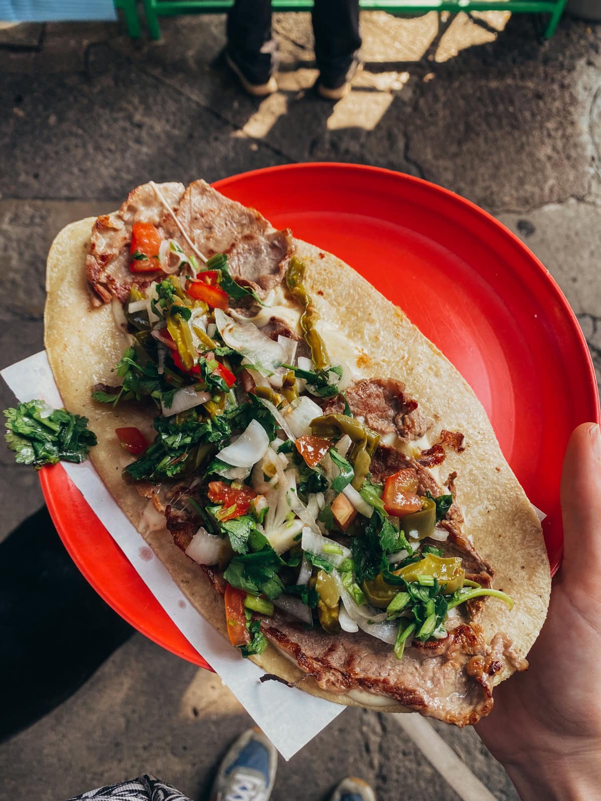 A freshly made taco with a variety of toppings, including cilantro, onions, tomatoes, and nopales, served on a red plate, held up by a person in a casual street food setting.